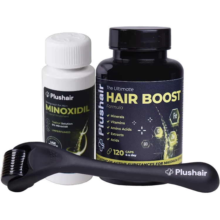 Set Minoxidil Plushair + Vitaminas + Dermaroller – por 1 mes